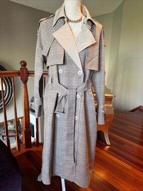NEW Plaid  Double-Breasted Trench Coat with Belt - Light Taupe